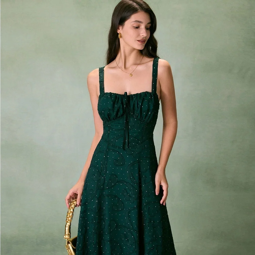 RIHOAS The Green Square Neck Jacquard Slit Midi Dress 3